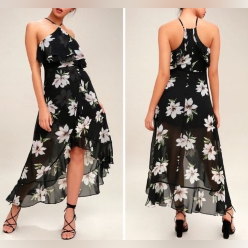 Lulus Black Floral High-Low Halter Maxi Dress